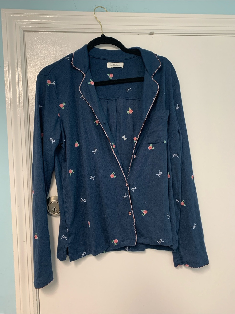 P.J. Salvage Navy Knit Top with Pink and Green Floral Embroidery button front